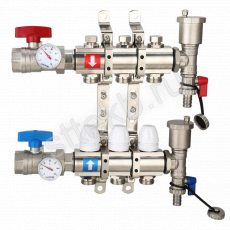 Коллектор регулируемый с запорными клапанами из латуни - 2 шаровых крана с термометром - 2 воздухоотводчика - 2 сливных крана - 2 кронштейна  3-вых. x 1" x 3/4" Gappo G425.3 - Сантехтрейд - Интернет-магазин сантехники г. Екатеринбург
