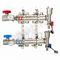 Коллектор регулируемый с запорными клапанами из латуни - 2 шаровых крана с термометром - 2 воздухоотводчика - 2 сливных крана - 2 кронштейна  4-вых. x 1" x 3/4" Gappo G425.4 - Сантехтрейд - Интернет-магазин сантехники г. Екатеринбург