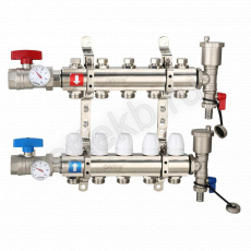 Коллектор регулируемый с запорными клапанами из латуни - 2 шаровых крана с термометром - 2 воздухоотводчика - 2 сливных крана - 2 кронштейна  5-вых. x 1" x 3/4" Gappo G425.5 - Сантехтрейд - Интернет-магазин сантехники г. Екатеринбург