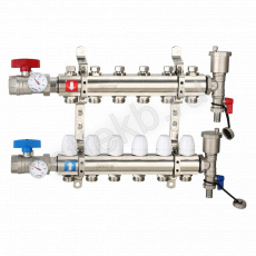 Коллектор регулируемый с запорными клапанами из латуни - 2 шаровых крана с термометром - 2 воздухоотводчика - 2 сливных крана - 2 кронштейна  6-вых. x 1" x 3/4" Gappo G425.6 - Сантехтрейд - Интернет-магазин сантехники г. Екатеринбург