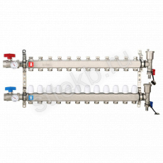 Коллектор регулируемый с запорными клапанами из нержавеющей стали - 2 шаровых крана с термометром - 2 воздухоотводчика - 2 сливных крана - 2 кронштейна  12-вых. x 1" x 3/4" Gappo G426.12 - Сантехтрейд - Интернет-магазин сантехники г. Екатеринбург