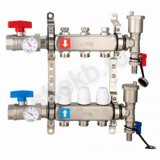 Коллектор регулируемый с запорными клапанами из нержавеющей стали - 2 шаровых крана с термометром - 2 воздухоотводчика - 2 сливных крана - 2 кронштейна  3-вых. x 1" x 3/4" Gappo G426.3 - Сантехтрейд - Интернет-магазин сантехники г. Екатеринбург