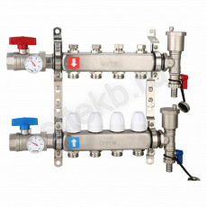 Коллектор регулируемый с запорными клапанами из нержавеющей стали - 2 шаровых крана с термометром - 2 воздухоотводчика - 2 сливных крана - 2 кронштейна  4-вых. x 1" x 3/4" Gappo G426.4 - Сантехтрейд - Интернет-магазин сантехники г. Екатеринбург