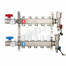 Коллектор регулируемый с запорными клапанами из нержавеющей стали - 2 шаровых крана с термометром - 2 воздухоотводчика - 2 сливных крана - 2 кронштейна  5-вых. x 1" x 3/4" Gappo G426.5 - Сантехтрейд - Интернет-магазин сантехники г. Екатеринбург