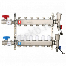 Коллектор регулируемый с запорными клапанами из нержавеющей стали - 2 шаровых крана с термометром - 2 воздухоотводчика - 2 сливных крана - 2 кронштейна  6-вых. x 1" x 3/4" Gappo G426.6 - Сантехтрейд - Интернет-магазин сантехники г. Екатеринбург