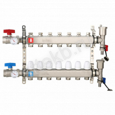 Коллектор регулируемый с запорными клапанами из нержавеющей стали - 2 шаровых крана с термометром - 2 воздухоотводчика - 2 сливных крана - 2 кронштейна  7-вых. x 1" x 3/4" Gappo G426.7 - Сантехтрейд - Интернет-магазин сантехники г. Екатеринбург