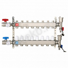 Коллектор регулируемый с запорными клапанами из нержавеющей стали - 2 шаровых крана с термометром - 2 воздухоотводчика - 2 сливных крана - 2 кронштейна  8-вых. x 1" x 3/4" Gappo G426.8 - Сантехтрейд - Интернет-магазин сантехники г. Екатеринбург