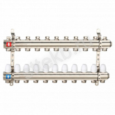 Коллектор регулируемый с запорными клапанами из латуни - 2 загрушки - 2 кронштейна  11-вых. x 1" x 3/4" Gappo G427.11 - Сантехтрейд - Интернет-магазин сантехники г. Екатеринбург