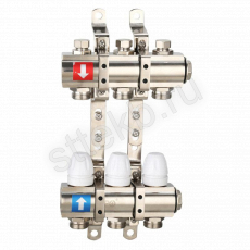 Коллектор регулируемый с запорными клапанами из латуни - 2 загрушки - 2 кронштейна  3-вых. x 1" x 3/4" Gappo G427.3 - Сантехтрейд - Интернет-магазин сантехники г. Екатеринбург