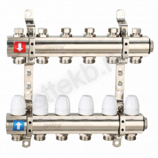Коллектор регулируемый с запорными клапанами из латуни - 2 загрушки - 2 кронштейна  6-вых. x 1" x 3/4" Gappo G427.6 - Сантехтрейд - Интернет-магазин сантехники г. Екатеринбург
