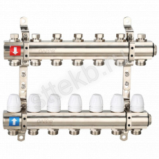 Коллектор регулируемый с запорными клапанами из латуни - 2 загрушки - 2 кронштейна  7-вых. x 1" x 3/4" Gappo G427.7 - Сантехтрейд - Интернет-магазин сантехники г. Екатеринбург