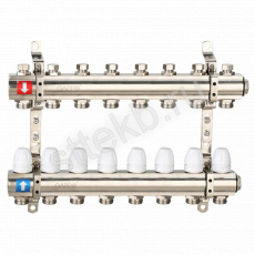 Коллектор регулируемый с запорными клапанами из латуни - 2 загрушки - 2 кронштейна  8-вых. x 1" x 3/4" Gappo G427.8 - Сантехтрейд - Интернет-магазин сантехники г. Екатеринбург