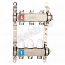 Коллектор регулируемый с запорными клапанами из нержавеющей стали - 2 загрушки - 2 кронштейна  3-вых. x 1" x 3/4" Gappo G428.3 - Сантехтрейд - Интернет-магазин сантехники г. Екатеринбург