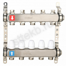 Коллектор регулируемый с запорными клапанами из нержавеющей стали - 2 загрушки - 2 кронштейна  5-вых. x 1" x 3/4" Gappo G428.5 - Сантехтрейд - Интернет-магазин сантехники г. Екатеринбург