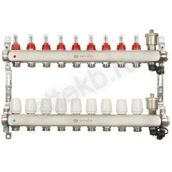 Коллекторная группа ONDO нерж сталь 9 вых. в сборе с автоматическим воздухоотводчиком, расходомерами и термостатическими клапанами - Сантехтрейд - Интернет-магазин сантехники г. Екатеринбург