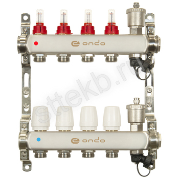 Коллекторная группа ONDO нерж сталь 4 вых. в сборе с автоматическим воздухоотводчиком, расходомерами и термостатическими клапанами - Сантехтрейд - Интернет-магазин сантехники г. Екатеринбург