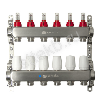 Коллекторная группа ONDO нерж сталь 6 вых. в сборе с расходомерами и термостатическими клапанами без сливных кранов и воздухоотводчиков - Сантехтрейд - Интернет-магазин сантехники г. Екатеринбург
