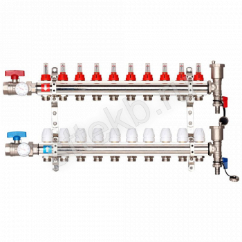 Коллектор регулируемый с расходомерами из латуни - 2 шаровых крана с термометром - 2 воздухоотводчика - 2 сливных крана - 2 кронштейна  10-вых. x1"x3/4" Gappo G421.10 - Сантехтрейд - Интернет-магазин сантехники г. Екатеринбург