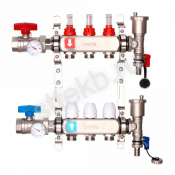 Коллектор регулируемый с расходомерами из нержавеющей стали - 2 шаровых крана с термометром - 2 воздухоотводчика - 2 сливных крана - 2 кронштейна  3-вых. x1"x3/4" Gappo G422.3 - Сантехтрейд - Интернет-магазин сантехники г. Екатеринбург