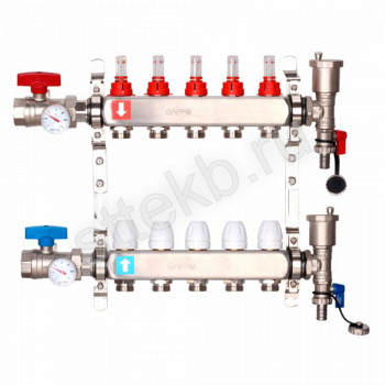 Коллектор регулируемый с расходомерами из нержавеющей стали - 2 шаровых крана с термометром - 2 воздухоотводчика - 2 сливных крана - 2 кронштейна  5-вых. x1"x3/4" Gappo G422.5 - Сантехтрейд - Интернет-магазин сантехники г. Екатеринбург