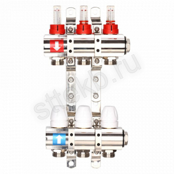 Коллектор регулируемый с расходомерами из латуни - 2 загрушки - 2 кронштейна  3-вых. x1"x3/4" Gappo G423.3 - Сантехтрейд - Интернет-магазин сантехники г. Екатеринбург