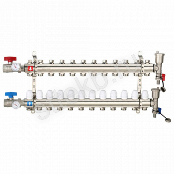 Коллектор регулируемый с запорными клапанами из латуни - 2 шаровых крана с термометром - 2 воздухоотводчика - 2 сливных крана - 2 кронштейна  12-вых. x 1" x 3/4" Gappo G425.12 - Сантехтрейд - Интернет-магазин сантехники г. Екатеринбург
