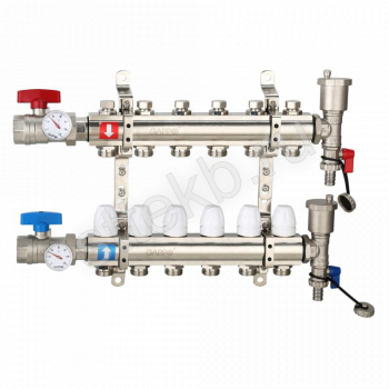 Коллектор регулируемый с запорными клапанами из латуни - 2 шаровых крана с термометром - 2 воздухоотводчика - 2 сливных крана - 2 кронштейна  6-вых. x 1" x 3/4" Gappo G425.6 - Сантехтрейд - Интернет-магазин сантехники г. Екатеринбург