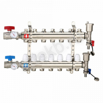 Коллектор регулируемый с запорными клапанами из латуни - 2 шаровых крана с термометром - 2 воздухоотводчика - 2 сливных крана - 2 кронштейна  7-вых. x 1" x 3/4" Gappo G425.7 - Сантехтрейд - Интернет-магазин сантехники г. Екатеринбург