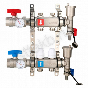 Коллектор регулируемый с запорными клапанами из нержавеющей стали - 2 шаровых крана с термометром - 2 воздухоотводчика - 2 сливных крана - 2 кронштейна  2-вых. x 1" x 3/4" Gappo G426.2 - Сантехтрейд - Интернет-магазин сантехники г. Екатеринбург
