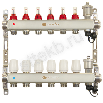 Коллекторная группа ONDO нерж сталь 6 вых. в сборе с автоматическим воздухоотводчиком, расходомерами и термостатическими клапанами - Сантехтрейд - Интернет-магазин сантехники г. Екатеринбург