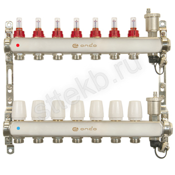 Коллекторная группа ONDO нерж сталь 7 вых. в сборе с автоматическим воздухоотводчиком, расходомерами и термостатическими клапанами - Сантехтрейд - Интернет-магазин сантехники г. Екатеринбург